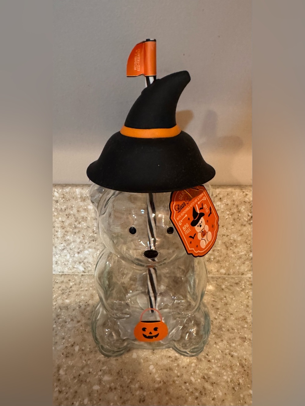 Glass Halloween Bear with Witch Hat Drinking Tumbler. Includes straw.